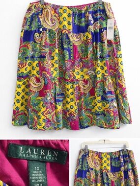 Lauren Ralph Lauren 1X Colorful Paisley Tiered Skirt NWT Boho Cotton New